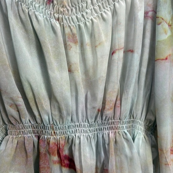 Steve Madden Sheer top SZ M floral watercolor smocked peplum lt blue plum green - Picture 3 of 7